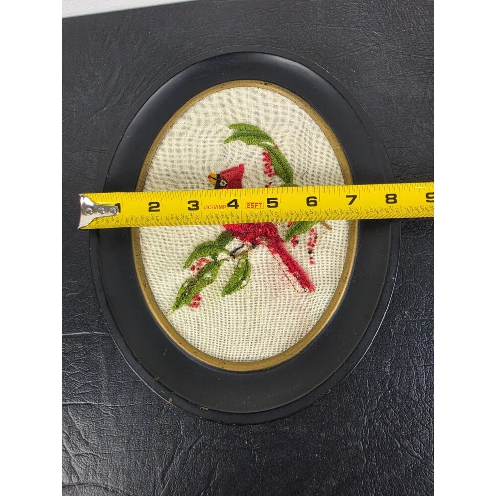 Vintage Red Cardinal Bird Mid Century Embroidery Handmade Hand Stitched Wall Art
